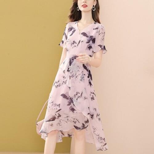 Only Plus V-Neck Ink painting Chiffon Dress For Women Slim Elegant Robe Dress Ruffle Holiday Beach Long Dresses 2021 New