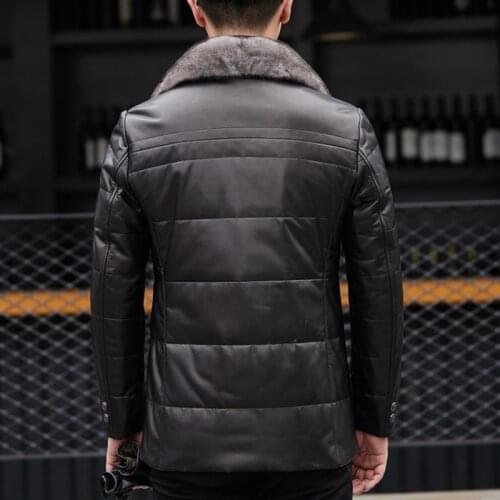 Winter Mens Slim Fit Warm Sheepskin Down Jacket Overcoat Real Mink Fur Collar Genuine Leather Jacket Business Man Outwear Coat