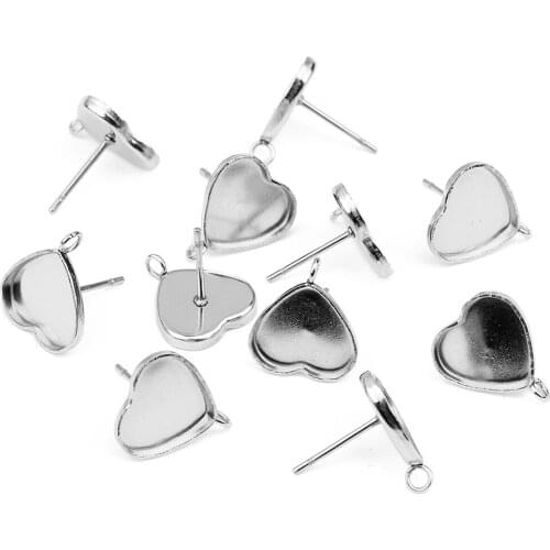 10 Pairs Stainless Steel Heart Shape Earring Ear Studs Blank Cabochon Settings Fit 11mm Cabochons Charms for DIY Earrings