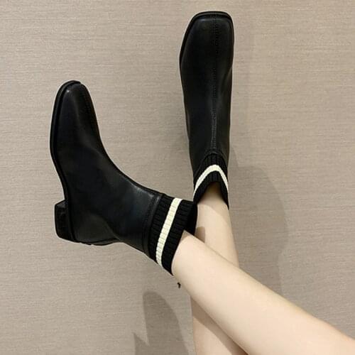 2021 Womens Classic Slip On Solid Simplicity Short Boots Ladies Wedges Heels Square Toe Back Zipper Shoes Casual PU Leather