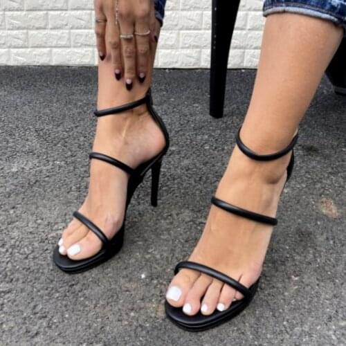 2021 Woman Sandals Black 3 Thin Band Ribbon Back Zipper 10cm Heel Sexy Woman Summer Heeled Stiletto Wedding Party Shoes Fashion