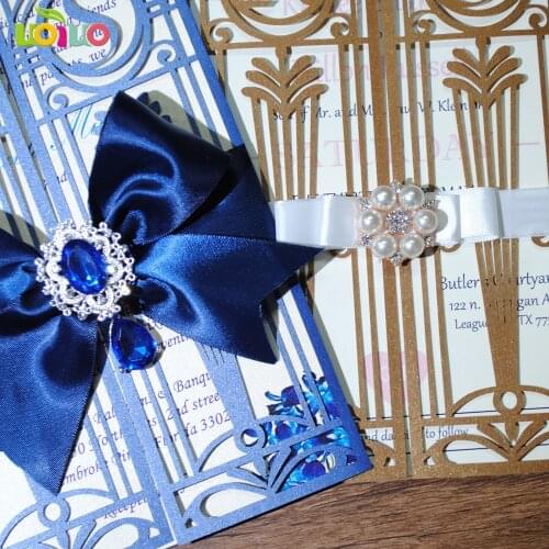 DIY 25set customize inc226 laser cut wedding invitation card free initial +tied bow+big rhinestone+printing card+envelope seal