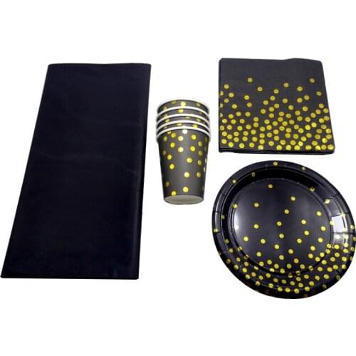 61pcs/lot Decoration Events Wedding Party Black Solid Tablecloth Golden Dots Cups Plates Napkins Baby Shower Tableware Set
