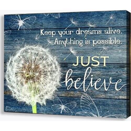 Rustic Farmhouse Blue Wood Dandelion Floral Canvas Painting Inspiration Imotivation Just Believe Print Picture Room Poster Decor
