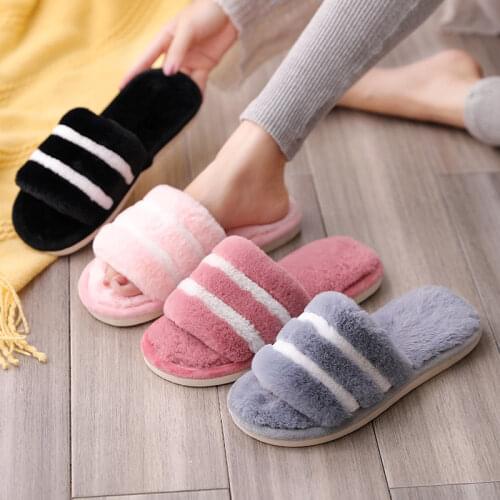 Men and Women Home Soft Cotton Slippers Autumn and Winter Non-slip Rabbit Plush Thick Warm Cotton Soft Furry Slides for Women