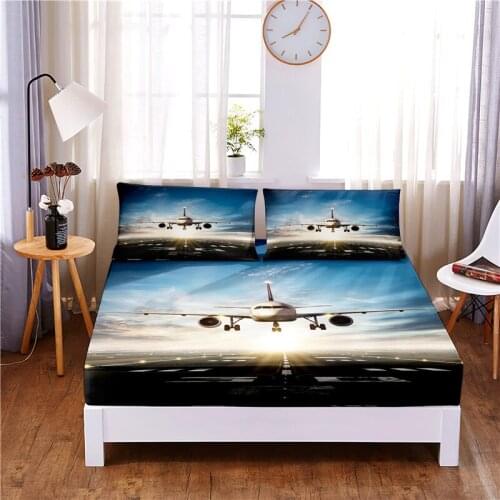 Aircraft Digital Printed 3pc Polyester Fitted Sheet Mattress Cover Four Corners with Elastic Band Bed Sheet Pillowcases
