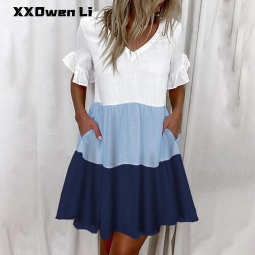Summer Casual Loose Ruffles Patchwork Pocket Mini Dress For Women 2021 Ruffles Sleeve Plus Size Woman Dresses Robe Femme