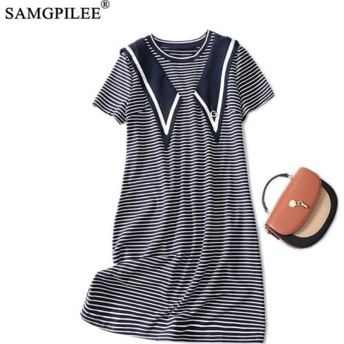 Summer Dresses For Women 2021 New College Style Striped Sweet Youth Short Sleeve Knee Length Plus Size Woman Clothing 4XL