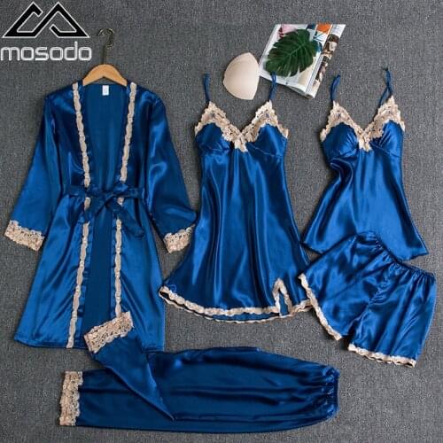 Mosodo 5pcs Women Pajamas Suit With Bra Nightdress Solid Color Ice Silk Sling Pajamas Lace Stitching Rayon lady Home Wear