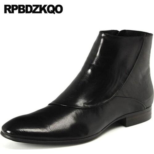 Mens Zipper Dress Boots Ankle Full Grain Chelsea High Top Faux Fur Booties Square Toe Chunky Autumn Shoes Short Party Plus Size