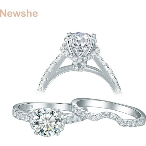 Newshe 2 Pcs 925 Sterling Silver Womens Wedding Rings 2 Ct Round Cut AAA Zirconia Jewelry Eternity Engagement Ring Set 1R0056