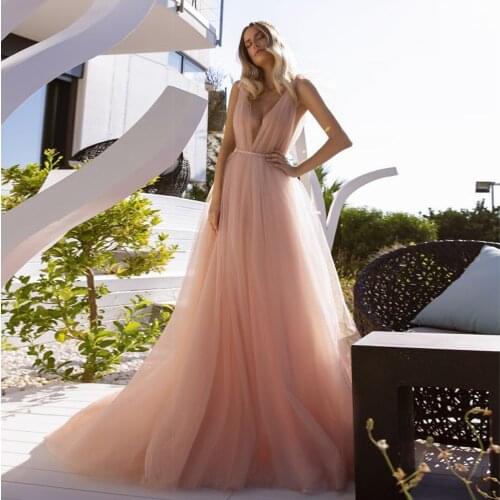 Newest Blush Pink Tulle Wedding Dresses Sexy Deep V-neck Backless A Line Floor Length Bride Formal Gown with Beaded Sash Bohemia