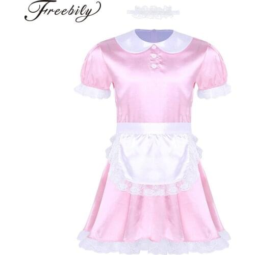 New Mens Sissy Girl Maid Dress Uniform Sexy Costumes Cosplay Clubwear Doll Neck Satin Dress with Headband and Apron for Gay Male