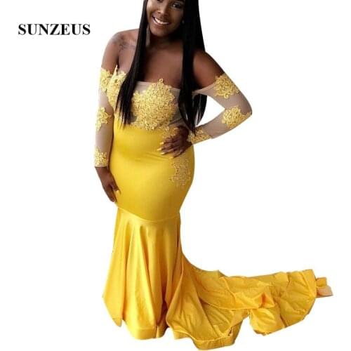 Off Shoulder Long Sleeves Yellow Prom Dress 2019 Mermaid Long Party Gowns With Appliques vestidos baile de finalistas sereia