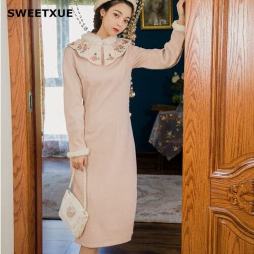 SWEETXUE Autumn Winter Womens Woolen Cheongsam Embroidery Beaded Retro Elegant Temperament Chic Warm Dress Female