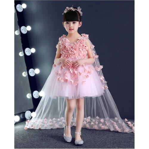 Glizt long Trailing Flower Girl Dresses Girls Appliques Birthday Wedding Party Princess Dresses Pink Tulle First Communion Gown