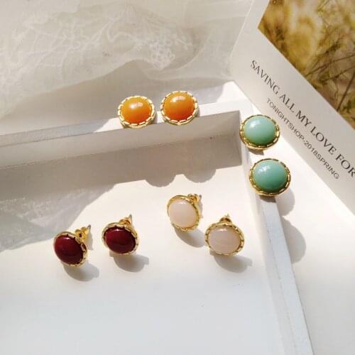 Korean Style Simple Geometric Round Resin Stone Clip Earrings No Piercing Sweet Small Fresh Red Green Crystal Clip on Earrings