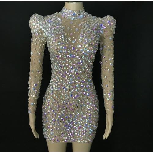 AB Rhinestone Transparent Dress Evening Birthday Celebrate Stones Outfit Prom Dance Performance Sexy Short Dress