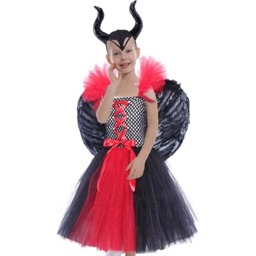 Girls Red Black Christmas Fluffy Princess Dress Girl Happy Purim Birthday Party Dresses Evil Queen Cosplay Costume Headgear Wing