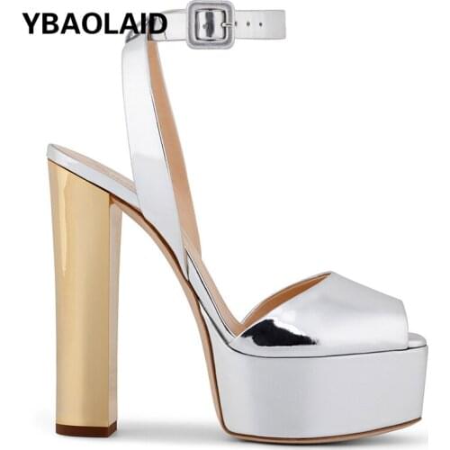 Fish Mouth Patent Leather Waterproof Platform Super High Heel Fashion Sandals Summer New Sequined Word Buckle High Heels