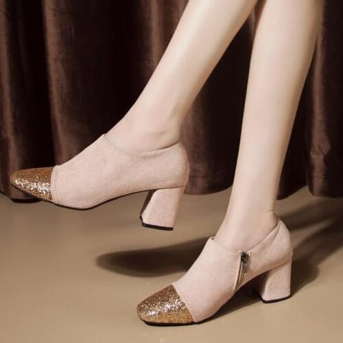 Fashion Women Casual Pumps Bling High-heeled Party Shoes Sexy Breathable PU Leather Work Thick Heel Wedding Female Shoes U18-05