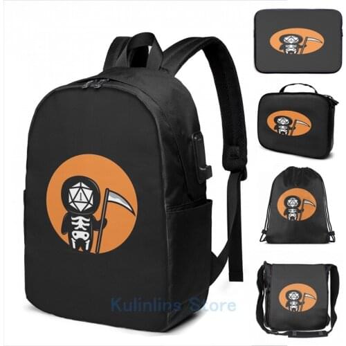 Funny Graphic print Dark Humor Polyhedral D20 Dice Halloween Grim Reaper USB Charge Backpack men School Travel laptop bag