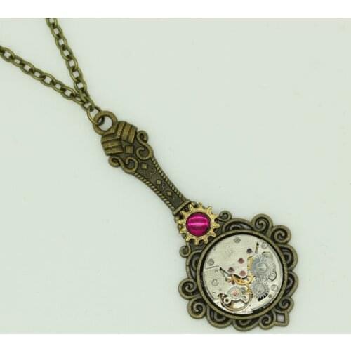 Handmade Steampunk Pendant Mirror Necklace With Vintage Watch Old Movement Mechanical Handmade Jewelry