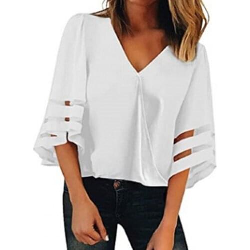 Summer Women Chiffon Shirt Stitching Flare Sleeve Lady Mesh Blouse Loose V Neck Solid Color Tops 2021 New Fashion Streetwear