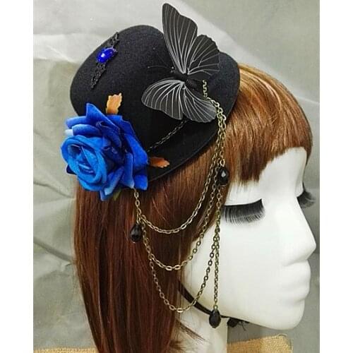 Lolita Rose Fascinator Hat Hair Clips Women Steampunk Butterfly Chain Mesh Headdress Vintage Ladies Cosplay Rhinestone Headwear