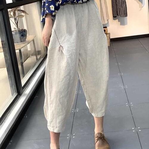 Women Linen Pants Ladies Elastic Waist Flax Pants Female Solid Color Embroidered Linen Trousers Summer Calf Length Apnts