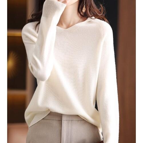 New Womens Pullover Casual Pure Color Wool Sweater with Hooded Collar Oversized Knitted V-neck Cashmere Sweater Ladies Top Hot