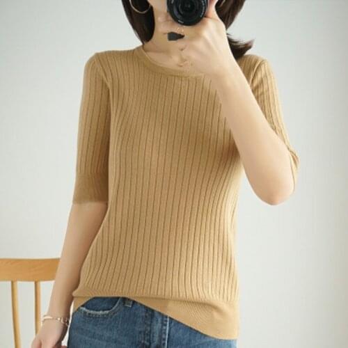 Sweater Middle Sleeve Womens Solid Color 2020 Spring and Summer Round Neck Knit Sweater Slim Fashion Bottoming Pullover