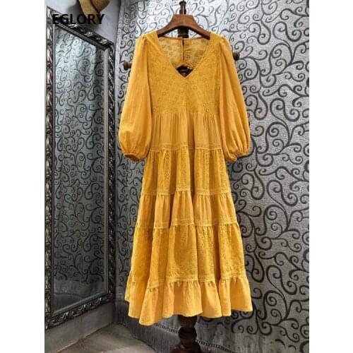 100%Cotton Dress New 2021 Spring Summer Bohemian Style Women V-Neck Hollow Out Embroidery Long Sleeve Casual White Yellow Dress