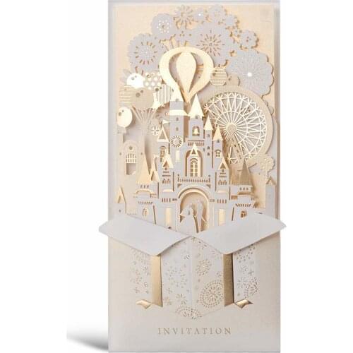 50Pcs Luxury Laser Cut 3D Pop Up Wedding Invitations Card with Envelops, Elegant Gold Blank Customized Wedding Announcement Card