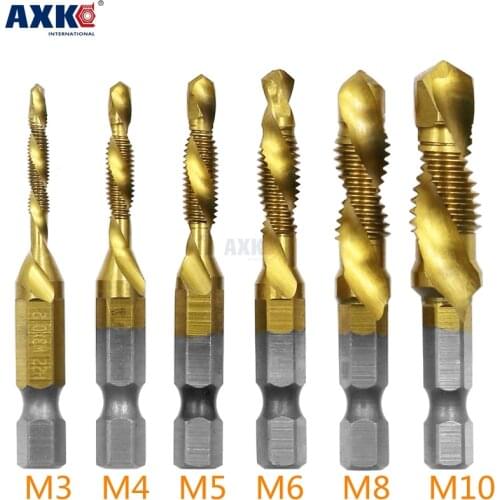 6Pcs 1 Set M3-M10 M3 M4 M5 M6 M8 M10 Hex Shank Titanium Plated HSS Screw Thread Metric Tap Drill Bits AXK