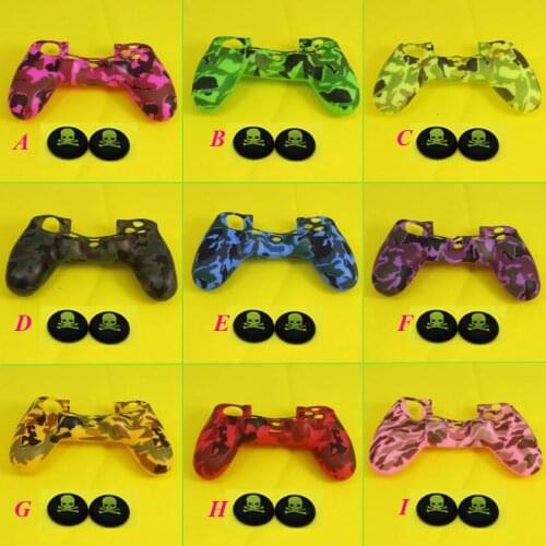9colors Camouflage 100% Silicone Anti-Slip High-quality Protective Skin Case 2x Skull Style Joystick caps for PS4 Controller