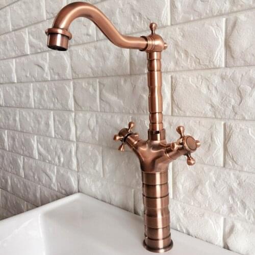 Antique Red Copper Brass Dual Cross Handles Swivel Spout Bathroom Kitchen Basin Sink Faucet Mixer Tap mrg055
