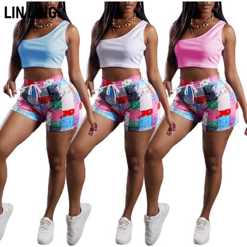 Linling Bandana Print Shorts Summer Patchwork Shorts Solid One Shoulder Crop Top T-Shirt Casual Two Piece Streetwear Tracksuit