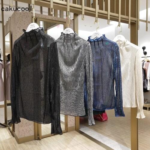 Cakucool Hot gold lurex Blouses Shirt Women Long Sleeve Stand Collar Shiny Slim Mesh Lace See through Basic Shirts Tops Female