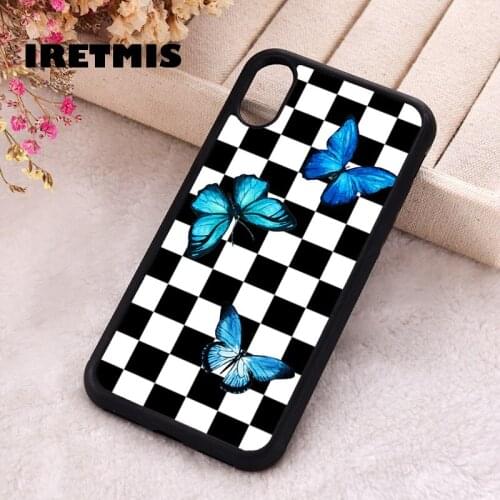 Iretmis 5 5S SE 2020 phone cover cases for iphone 6 6S 7 8 Plus X Xs Max XR 11 12 MINI Pro Soft Silicone Blue Butterfly Checks