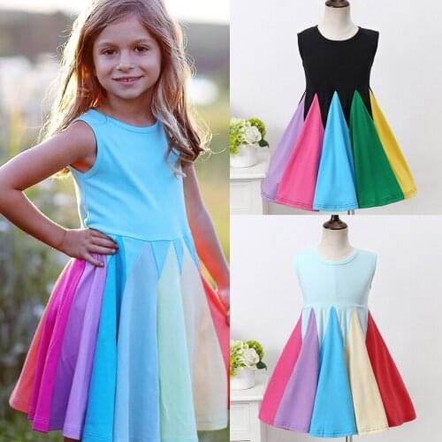 Kids Dresses for Girls Summer A-line Dress Children Rainbow Birthday Party Costume Sleeveless Cotton Mesh Princess Dress 2-6T