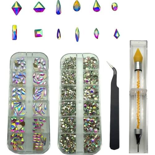 Hotsale Nail Rhinestones Set Mix Size And Shapes Nail Art Rhinestones 120pcs Rhinestones Plus 2000pcs Round Crystal With Wax Pen