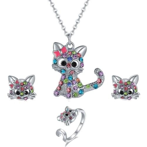 Fine Luxury Colorful CZ Stone Cat Design Pendant Necklace Earrings Rings Party Gifts Austrian Crystal Jewelry Sets