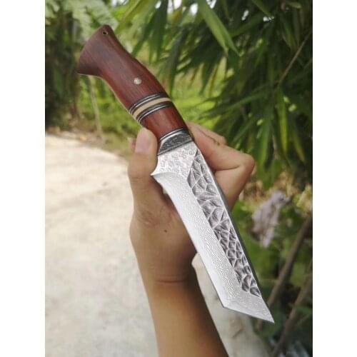 Damascus Steel Blade Steel and Desert Ironwood Handle Straight Knife Outdoor camping survival Fixed Blade Knife EDC tool