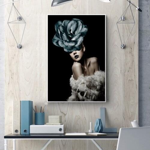 Fashionable Cool female model with flower butterfly modern Nordic decorative Picture Canvas Wall Art Poster for room hotel decor