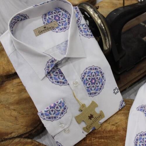 Gentilbay Mens Ethnic Digital Printed Cotton Blue Slimfit Long-Sleeve Sport Classic Shirt DPD060