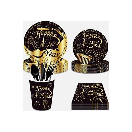 Black Gold Happy New Year Party Champagne Wine Theme Disposable Tableware Sets Paper Plates Cups Celebrate Christmas Party Favor