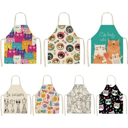 Parent-child Kitchen Apron Funny Cartoon Cat Printed Sleeveless Cotton Linen Aprons for Men Women Home Cleaning Tools