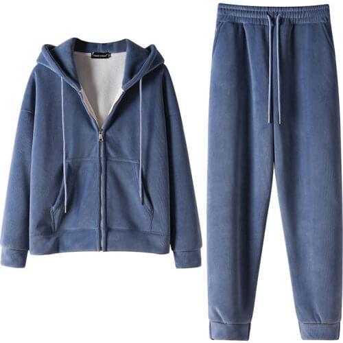 PNEIME New Women Loose Casual Sports Suit Fleece Thickened Woman Student Hoodie Sweatpants Solid Color Fashion Cardigan Suit