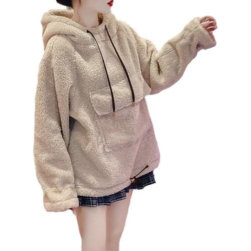 Autumn Winter Lamb Plush Ladies Hoodie Thickened Plus Velvet Loose Korean Version of Solid Color Pocket Girls Pullover